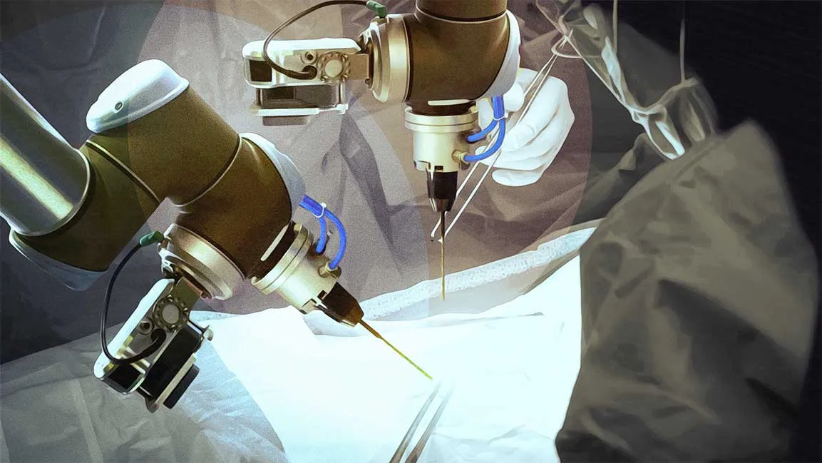 Surgical robot arms in an operating room, from the Fast Company Middle East article on robotics in UAE healthcare